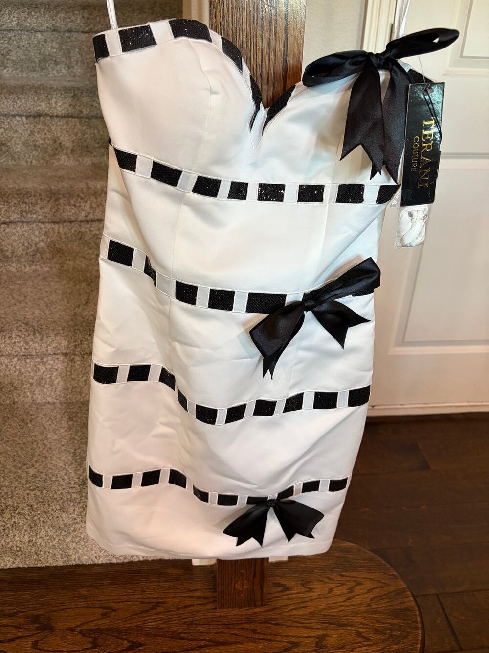 Terani Couture Cream Strapless Gown with Black Ribbon Accents Mew with tags